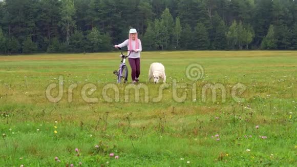 健康的生活方式有自行车和狗的女孩在城市附近的田野上散步视频的预览图