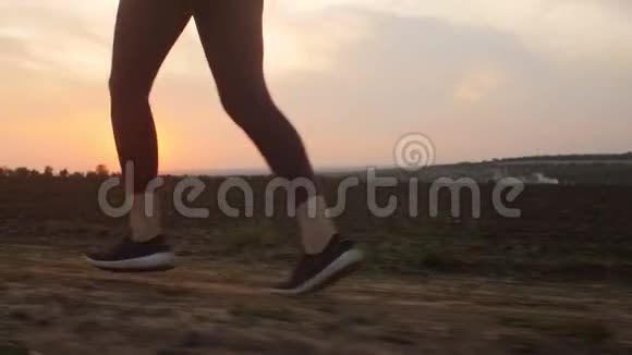 年轻女子双腿在田野里奔跑扬起尘土女孩穿着运动鞋沿着一条小路慢跑视频的预览图