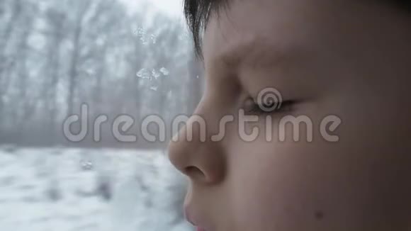 坐在客车里的男孩透过火车车窗向外望到白雪覆盖的田野和树木关上门视频的预览图