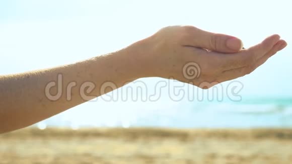 沙子在天空和大海的背景下流过手指视频的预览图