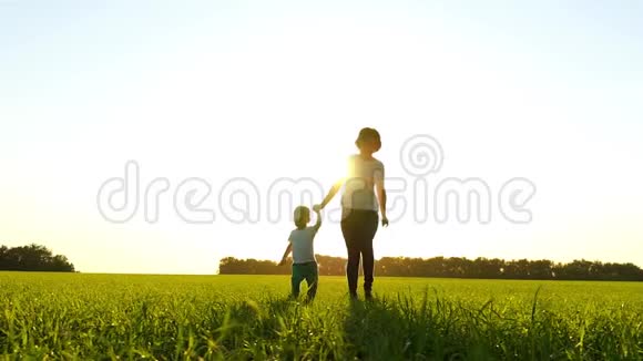 日落时分母亲和她的孩子慢悠悠地穿过草地视频的预览图