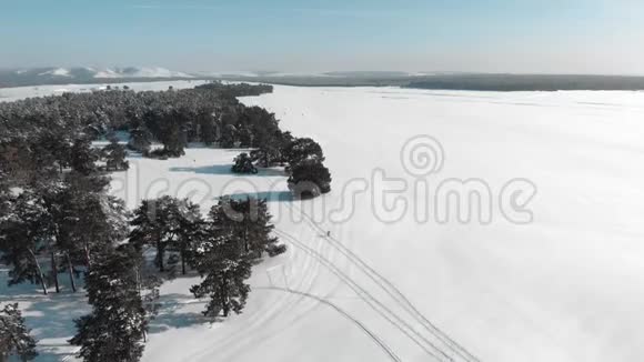 鸟瞰越野滑雪男子越野滑雪在一个可爱的阳光明媚的冬日视频的预览图