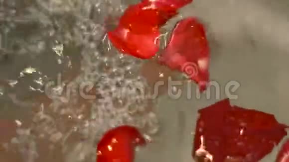 玫瑰花瓣漂浮在浪漫浴室的水中按摩浴缸玫瑰花瓣为蜂蜜月恋爱和浪漫的约会视频的预览图