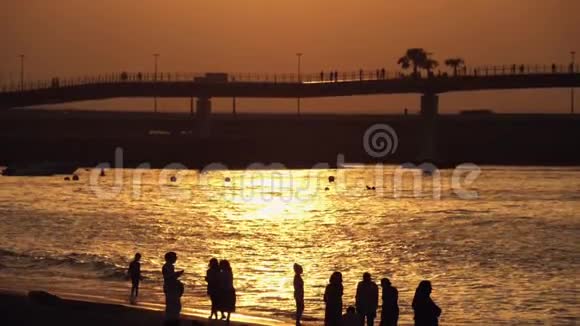日落时海滩上的人群轮廓视频的预览图