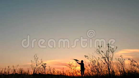 日落时分在田野里放风筝的快乐男孩视频的预览图