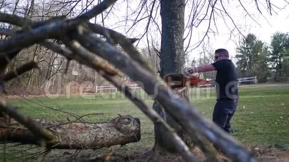 施工工人用电锯制作的树干侧面图视频的预览图