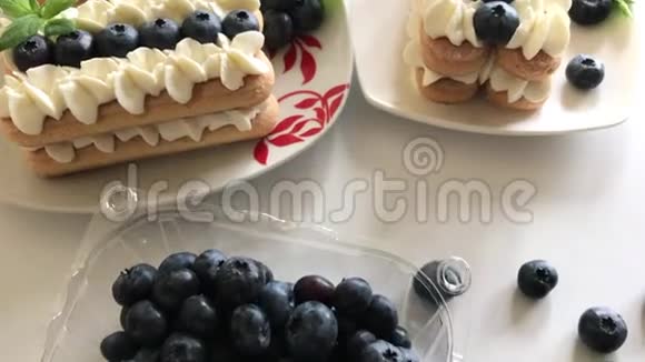 由萨沃亚迪饼干和奶油制成的蛋糕用蓝莓和薄荷装饰从上面看视频的预览图