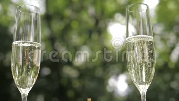 绿色背景上有两个带有气泡的香槟酒的玻璃杯视频的预览图