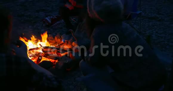 一群徒步旅行者在篝火旁烤棉花糖视频的预览图