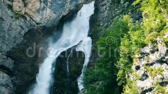 水溅在瀑布上山瀑布在岩石和树木之间流淌下来视频的预览图