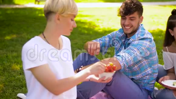 夏天公园野餐时吃水果的朋友视频的预览图