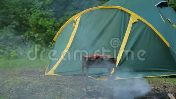 在地面上有烧烤的烧烤是在森林里的绿色帐篷的背景下总计划视频的预览图