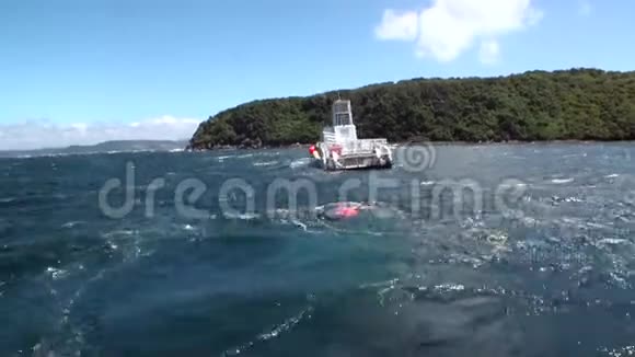 渔船在海洋背景的波浪和青山在新西兰视频的预览图