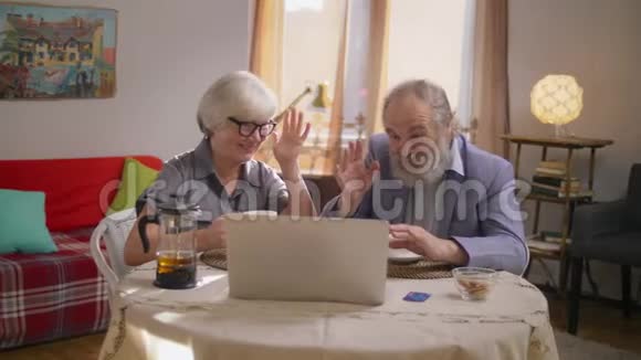 退休的祖父母在舒适的公寓里和孙子孙女打视频电话视频的预览图