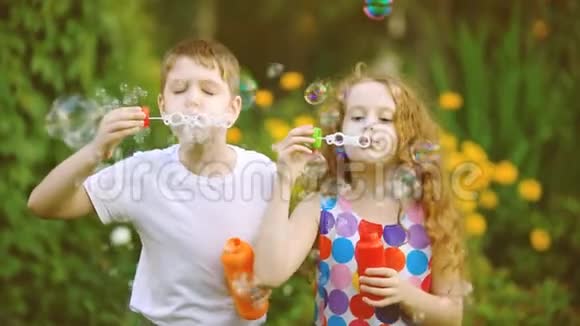 快乐的男孩和女孩在夏天公园吹肥皂泡视频的预览图