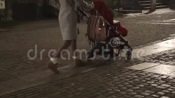 波兰格但斯克一个年轻女子晚上背着女儿坐红色马车视频的预览图