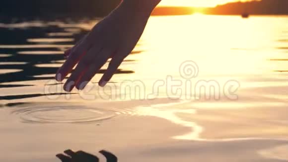 手轻轻地抚摸金色夕阳中的水面视频的预览图