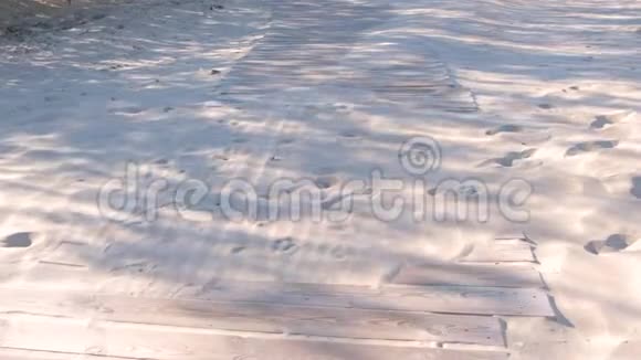 沙滩上的木板路沙子上的动物和人的痕迹视频的预览图