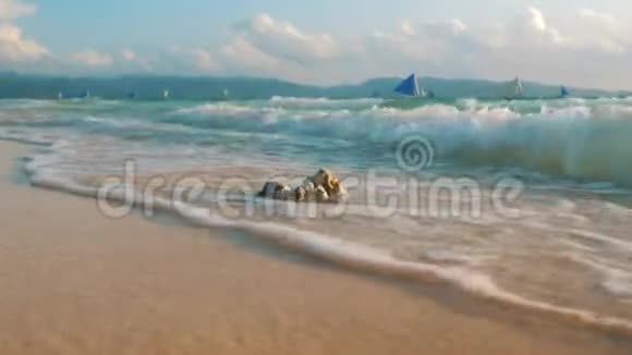 绿松石的海浪在热带岛屿的沙滩上翻滚海洋海景景区奇妙的夏日旅行视频的预览图