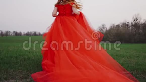 年轻女子穿着豪华的红色连衣裙沿着绿草奔跑视频的预览图