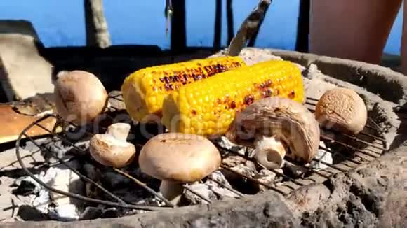 在一个美丽的阳光明媚的日子里在湖边用木炭加热的混凝土烤箱烤玉米和蘑菇视频的预览图