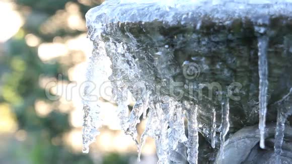 在寒冷的冬季从花园的冰冻石雕喷泉中融冰和漂流视频的预览图