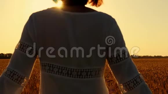 年轻的女人穿着白色的衣服在麦田里走向日落视频的预览图
