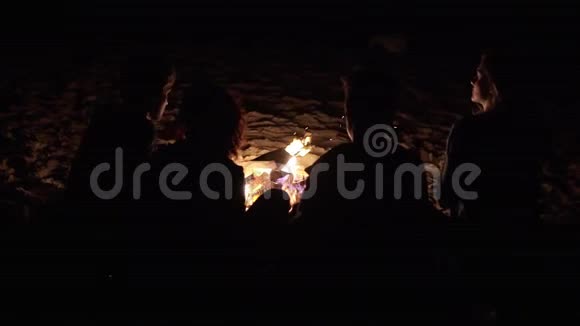 在深夜的火堆旁坐在一起的无法辨认的人的背影愉快的朋友聊天玩得开心视频的预览图