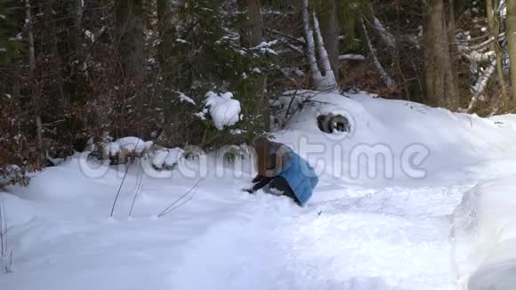 年轻漂亮的女孩走在白雪皑皑的冬林里她既快乐又开朗女孩把雪洒在头上视频的预览图