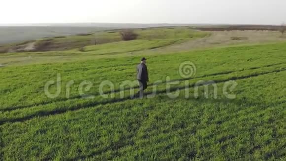 一个成熟的农民在冬天后看着一片新鲜的绿色田野他制定了收割和播种的计划视频的预览图