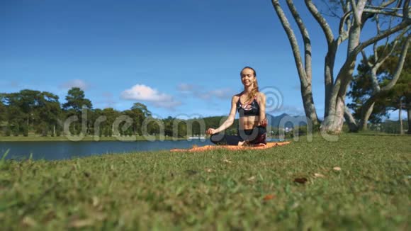 在河边树上做瑜伽姿势的女孩视频的预览图