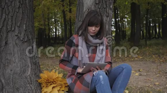 美妙的秋景迷人的年轻女孩认为女人坐在公园的草地上用平板电脑视频的预览图
