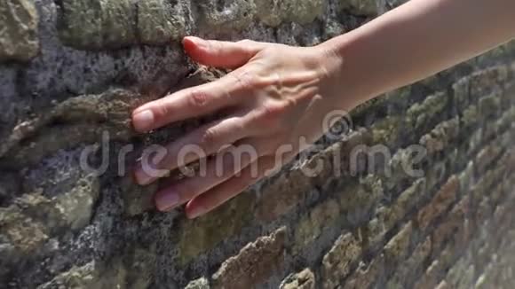 女人用手慢慢地靠在旧红砖墙上女性手摸石头粗糙表面视频的预览图