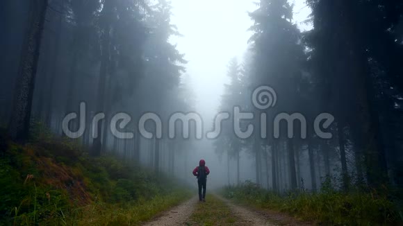 一个年轻人在雾蒙蒙的早晨走在路上视频的预览图
