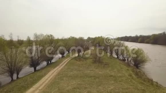 从飞行无人驾驶飞机上看到Promontory河和汽车道路开普河树木和道路视频的预览图
