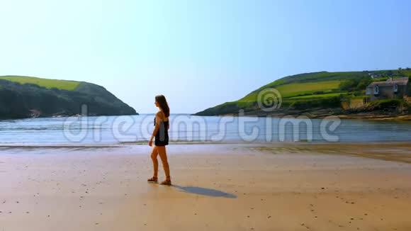 在微风习习的4k天气里在海滩上散步的女人视频的预览图