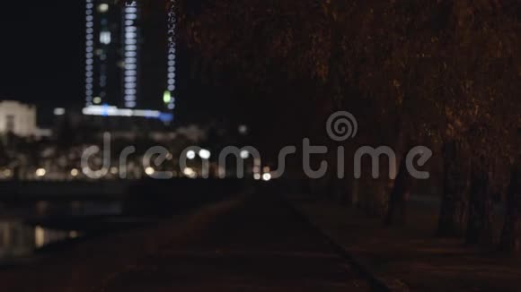 秋日夜城胡同灯笼树在发光的前灯背景下有一条小巷的空路视频的预览图