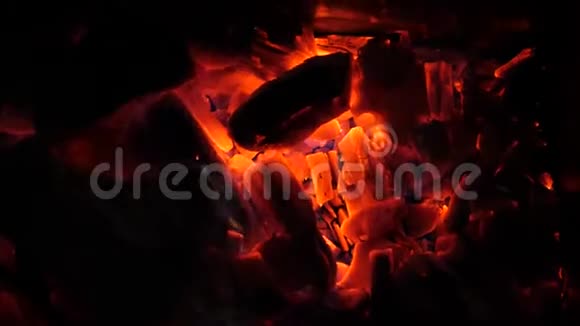 闪耀着鲜红的火煤燃烧着明亮的光芒篝火热柴烧红蓝火特写视频的预览图