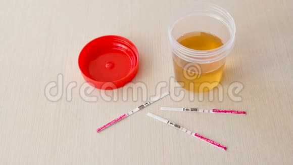 三个阳性妊娠试验结果两条在桌子上旁边的尿罐视频的预览图