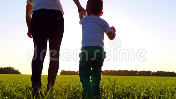 快乐的母亲和孩子在日落时跑过绿色的田野妈妈和儿子沿着绿色的草坪慢慢地走着这就是视频的预览图