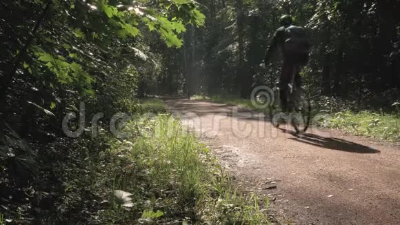 一个男运动员正骑着自行车穿过阳光在一个美丽的公园里视频的预览图