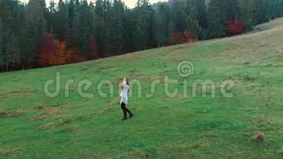 年轻漂亮的女孩在秋天的森林里玩得很开心她拿着一束黄叶她跑过去看着视频的预览图