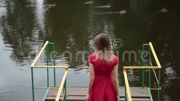 一个穿红色衣服的非常漂亮的女孩站在一个小湖附近的码头上视频的预览图