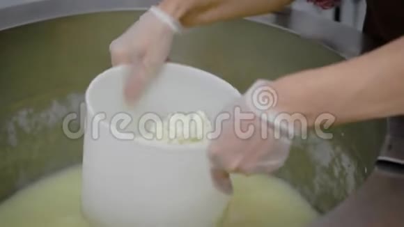 小奶酪厂的两名女工正在从金属碗机中取出大量奶酪并制作奶酪头视频的预览图