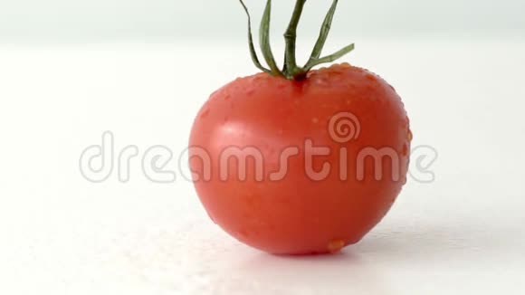 手在白色背景上缓慢地转动一个成熟的番茄视频的预览图