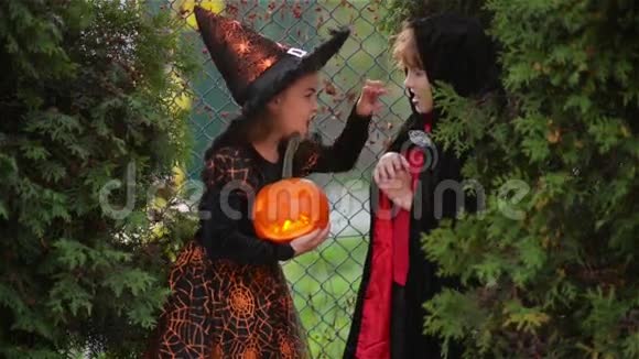 万圣节前夕孩子们穿着女巫服装戴着帽子在秋天公园里用燃烧的蜡烛玩南瓜男孩视频的预览图