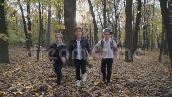 孩子们的朋友用照相机在森林里奔跑视频的预览图
