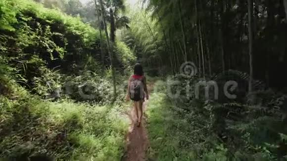 旅行妇女带着包在热带植物棕榈树竹林的热带公园散步视频的预览图
