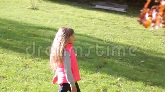 小女孩走在秋天的公园里镜头移动到轮廓与女孩步视频的预览图