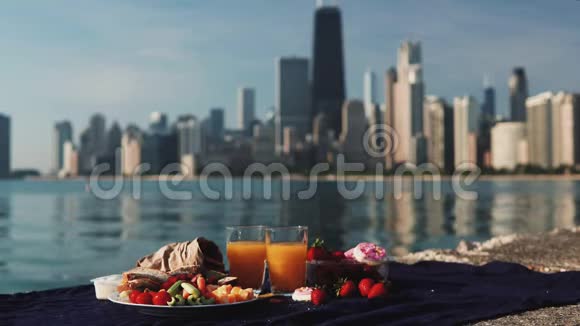 在阳光明媚的一天美国芝加哥的密歇根湖畔可以近距离观赏水果和果汁视频的预览图
